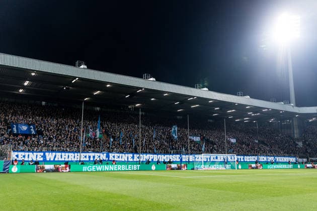 DFB Pokal, VfL Bochum VfB Stuttgart 03 12 2025 Banner of VfL Bochum Fans No Truths, No Compromises DFB Shows Clear Edge against the IMK Madness DFB Pokal Round of 16, VfL Bochum VfB Stuttgart, VONONVIA Ruhrstadion on 03 12 2025 DFB REGULATIONS PROHIBIT ANY USE OF PHOTOGRAPHS AS IMAGE SEQUENCES AND OR QUASI VIDEO Copyright: xBEAUTIFULxSPORTS Wunderlx