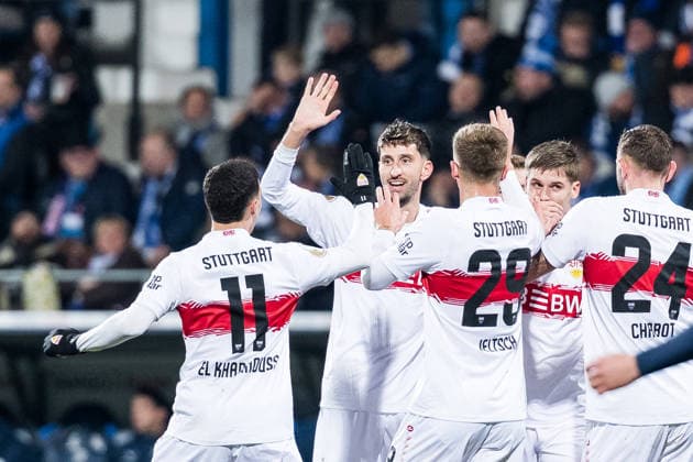 DFB Pokal, VfL Bochum VfB Stuttgart 03 12 2025 The VfB Stuttgart players cheer after the 0 1 own goal by Philipp Strompf VfL Bochum, 3 DFB Pokal round of 16, VfL Bochum VfB Stuttgart, VONONVIA Ruhrstadion on 03 12 2025 DFB REGULATIONS PROHIBIT ANY USE OF PHOTOGRAPHS AS IMAGE SEQUENCES AND OR QUASI VIDEO Copyright: xBEAUTIFULxSPORTS Wunderlx