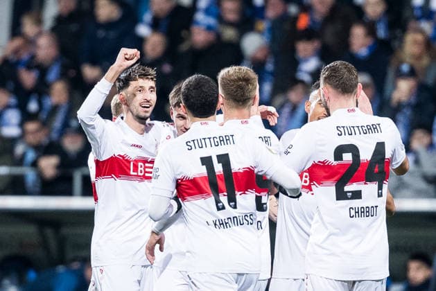 DFB Pokal, VfL Bochum VfB Stuttgart 03 12 2025 The VfB Stuttgart players cheer after the 0 1 own goal by Philipp Strompf VfL Bochum, 3 DFB Pokal round of 16, VfL Bochum VfB Stuttgart, VONONVIA Ruhrstadion on 03 12 2025 DFB REGULATIONS PROHIBIT ANY USE OF PHOTOGRAPHS AS IMAGE SEQUENCES AND OR QUASI VIDEO Copyright: xBEAUTIFULxSPORTS Wunderlx