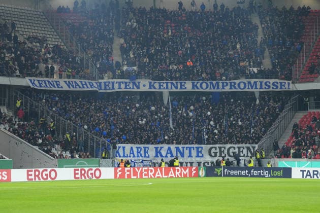 Fan protest, protest, fans, Ultras, conference of interior ministers, IMK, security measures, personalized tickets, stricter admission controls, AI-based face scanners, stadium bans, threat to fan culture, 12 minutes of silence, banner, soccer, Round of 16, DFB Pokal, 2025 26, SC Freiburg vs SV Darmstadt 98, 03 12 2025, Europa Park Stadion, Freiburg, Germany DFB REGULATIONS PROHIBIT ANY USE OF PHOTOGRAPHS AS IMAGE SEQUENCES AND OR QUASI VIDEO Freiburg Europa Park Stadion Baden Württemberg Germany Copyright: xArnexAmbergx