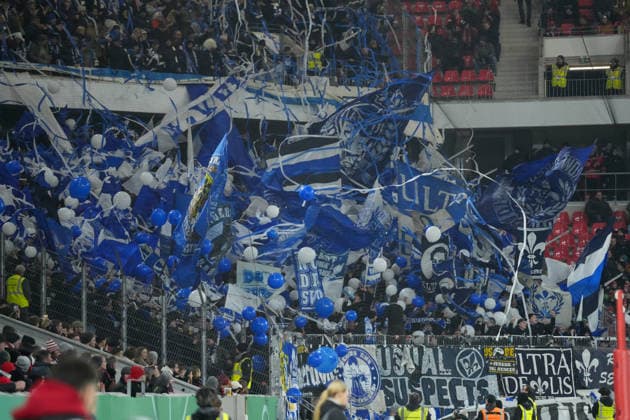 Choreography of the fans, Ultras, banners, flags, scarf, grandstand, choreography, soccer, round of 16, DFB Cup, 2025 26, SC Freiburg vs SV Darmstadt 98, 03 12 2025, Europa Park Stadion, Freiburg, Germany DFB REGULATIONS PROHIBIT ANY USE OF PHOTOGRAPHS AS IMAGE SEQUENCES AND OR QUASI VIDEO Freiburg Europa Park Stadion Baden Württemberg Germany Copyright: xArnexAmbergx