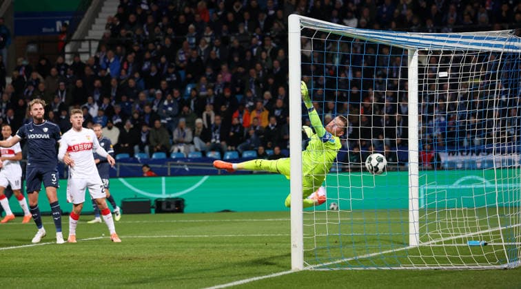Bochum , DfB Pokal soccer VfL Bochum vs VfB Stuttgart, own goal to 0 1 by scorer Philipp Strompf Bochum , f l Philipp Strompf Bochum , Finn Jeltsch VfB , Timo Horn Bochum According to the regulations of the DFL German Football League, it is prohibited to use or have used photographs taken in the stadium and or of the match in the form of sequential images and or video-like photo series