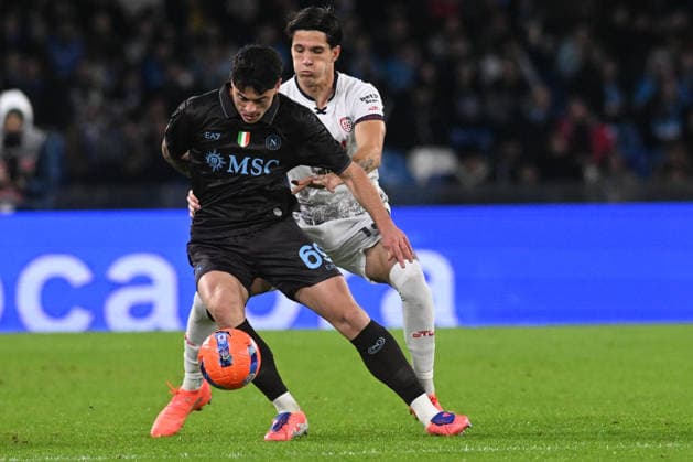 Alessandro Di Pardo of Cagliari Calcio competes for the ball with Giuseppe Ambrosino of SSC Napopli during the Coppa Italia Freccia Rossa match between SSC Napoli vs Cagliari Calcio at Diego Armando Maradona Stadium  Copyright: xAgostinoxGemito IPAxSportx xipa-agency.netx xx IPA_68693507 IPA_Agency_IPA68693507