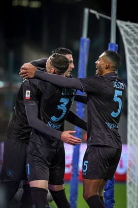 Napoli™s Lorenzo Lucca celebrates after scoring goal 1-0 during the round of 16 Frecciarossa Italian Cup 2025 2026 soccer match between Napoli and Cagliari at Maradona Stadium in Naples, south Italy - December 3, 2025. - Soccer  Copyright: xAlessandroxGarofalo LaPressex