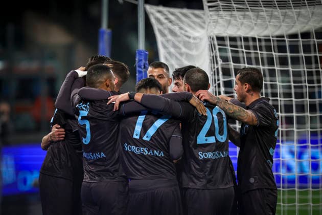 Napoli™s Lorenzo Lucca celebrates after scoring goal 1-0 during the round of 16 Frecciarossa Italian Cup 2025 2026 soccer match between Napoli and Cagliari at Maradona Stadium in Naples, south Italy - December 3, 2025. - Soccer  Copyright: xAlessandroxGarofalo LaPressex