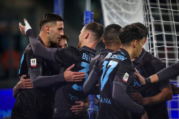 Napoli™s Lorenzo Lucca celebrates after scoring goal 1-0 during the round of 16 Frecciarossa Italian Cup 2025 2026 soccer match between Napoli and Cagliari at Maradona Stadium in Naples, south Italy - December 3, 2025. - Soccer  Copyright: xAlessandroxGarofalo LaPressex