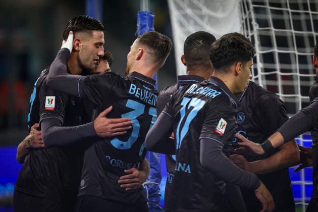 Napoli™s Lorenzo Lucca celebrates after scoring goal 1-0 during the round of 16 Frecciarossa Italian Cup 2025 2026 soccer match between Napoli and Cagliari at Maradona Stadium in Naples, south Italy - December 3, 2025. - Soccer  Copyright: xAlessandroxGarofalo LaPressex