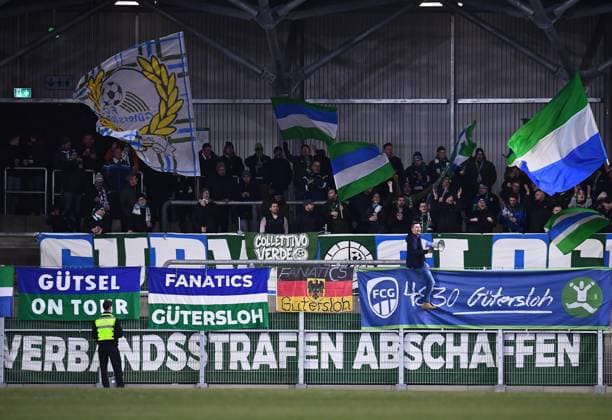Soccer Men Krombacher Westfalenpokal Quarterfinals Season 2025 2026 SG Wattenscheid 09 FC Gütersloh on 03 12 2025 at Lohrheidestadion in Bochum Wattenscheid Fans from Gütersloh Lower Saxony Germany