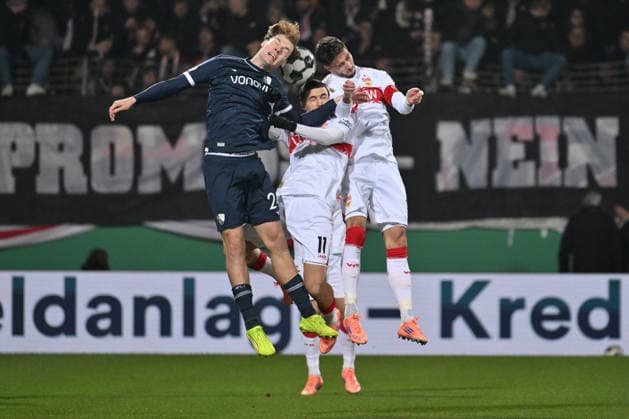 Mats Pannewig VfL Bochum , Bilal El Khannouss VfB Stuttgart , Atakan Karazor VfB Stuttgart , v li 03 12 2025, Fußball DFB Pokal, Saison 2025 2026, Achtelfinale, VfL Bochum VfB Stuttgart DFB regulations prohibit any use of photographs as image sequences and or quasi video Bochum Vonovia Ruhrstadion Nordrhein Westfalen Germany Team2