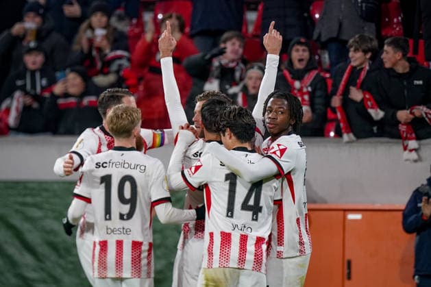Germany Football DFB Pokal 2025 26, Round of 16 SC Freiburg vs SV Darmstadt 98 Europa Park Stadion Freiburg Goal and goal celebration for 1 0 by Vincenzo Grifo SC Freiburg, 32 Joy, emotions, jubilation with Johan Manzambi SC Freiburg, 44 Yuito Suzuki SC Freiburg, 14 Jan Niklas Beste SC Freiburg, 19 Christian Günter Christian Guenter SC Freiburg, 30 Freiburg im Breisgau Baden Württemberg Germany Copyright: xJOERANxSTEINSIEKx