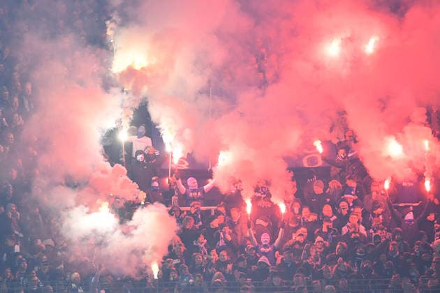 Soccer DFB Cup round of 16 VfL Bochum VfB Stuttgart on 03 12 2025 at Vonovia Ruhrstadion in Bochum Bochum fans ignite Bengalos Pyro Pyrotechnics Flares Smoke bombs in the fan block DFB regulations prohibit any use of photographs as image sequences and or quasi video xRx