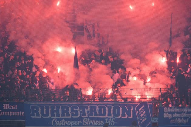 Soccer DFB Cup round of 16 VfL Bochum VfB Stuttgart on 03 12 2025 at Vonovia Ruhrstadion in Bochum Bochum fans ignite Bengalos Pyro Pyrotechnics Flares Smoke bombs in the fan block DFB regulations prohibit any use of photographs as image sequences and or quasi video xRx