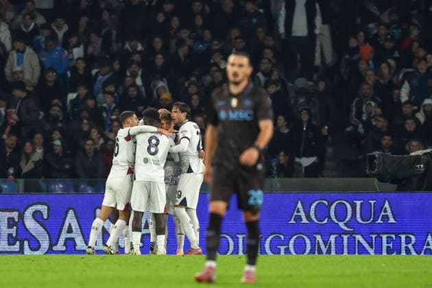 Cagliari s Sebastiano Esposito celebrates after scoring goal 1-1 during the round of 16 Frecciarossa Italian Cup 2025 2026 soccer match between Napoli and Cagliari at Maradona Stadium in Naples, south Italy - December 3, 2025. - Soccer  Copyright: xAlessandroxGarofalo LaPressex