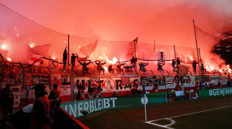 Bochum , DfB Pokal Football VfL Bochum vs VfB Stuttgart, Feature Pyrotechnics in Stuttgart Curve According to the regulations of the DFL German Football League, it is prohibited to use or have used photographs taken in the stadium and or of the match in the form of sequential images and or video-like photo series