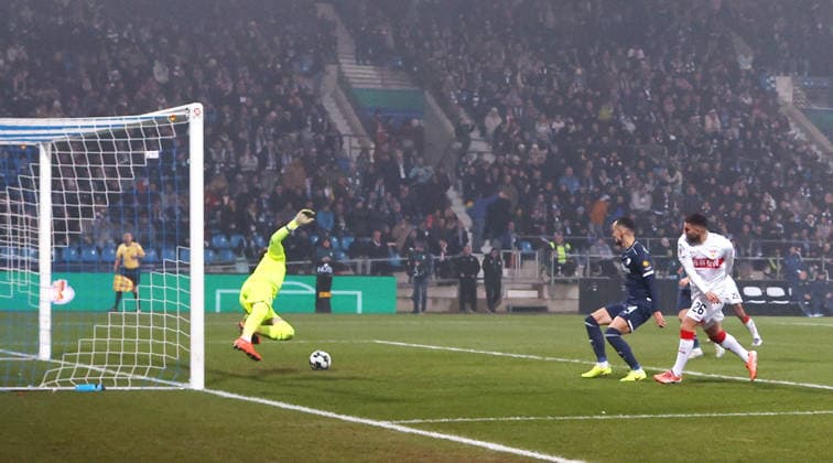 Bochum , DfB Pokal soccer VfL Bochum vs VfB Stuttgart, Feature, Goal to 0 2 by scorer Deniz Undav VfB, right According to the regulations of the DFL German Football League, it is prohibited to use or have used photographs taken in the stadium and or of the match in the form of sequential images and or video-like photo series