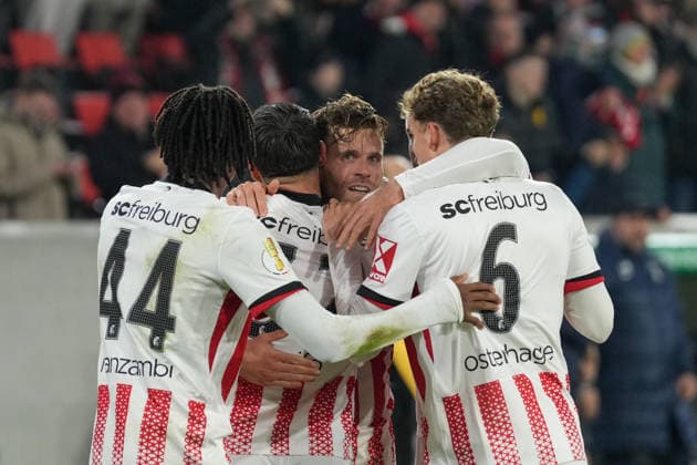 Johan Manzambi SC Freiburg, 44 , Vincenzo Grifo SC Freiburg, 32 , Lucas Höler Lucas Hoeler SC Freiburg, 09 , Patrick Osterhage SC Freiburg, 06 Goal celebration, emotions, goal shot, finish, goal success, goal, goal, soccer, round of 16, DFB Pokal, 2025 26, SC Freiburg vs SV Darmstadt 98, 03 12 2025, Europa Park Stadion, Freiburg, Germany DFB REGULATIONS PROHIBIT ANY USE OF PHOTOGRAPHS AS IMAGE SEQUENCES AND OR QUASI VIDEO Freiburg Europa Park Stadion Baden Württemberg Germany Copyright: xArnexAmbergx