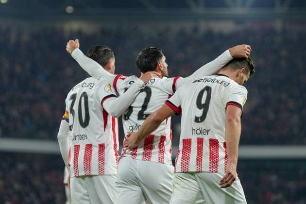 Vincenzo Grifo SC Freiburg, 32 , Christian Günter Christian Guenter SC Freiburg, 30 and Lucas Höler Lucas Hoeler SC Freiburg, 09 Goal celebration, emotions, goal shot, finish, goal success, goal, goal , soccer, round of 16, DFB Pokal, 2025 26, SC Freiburg vs SV Darmstadt 98, 03 12 2025, Europa Park Stadion, Freiburg, Germany DFB REGULATIONS PROHIBIT ANY USE OF PHOTOGRAPHS AS IMAGE SEQUENCES AND OR QUASI VIDEO Freiburg Europa Park Stadion Baden Württemberg Germany Copyright: xArnexAmbergx