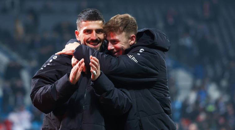 Bochum , DfB Pokal soccer VfL Bochum vs VfB Stuttgart, from left Fabian Bredlow and Finn Jeltsch VfB embrace after the game According to the regulations of the DFL German Football League, it is prohibited to use or have used photographs taken in the stadium and or of the game in the form of sequential images and or video-like photo series