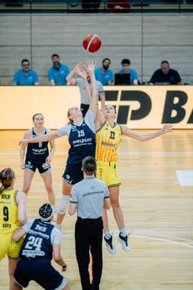 BB 1BL Women Syntainics MBC Lions Alba Berlin Sona Svetlikova GISA Lions MBC and Emily Kiser Alba Berlin during the 2025 2026 season in the DBBL Toyota Bundesliga Syntainics MBC Lions and Alba Berlin at the SWH Arena on December 3, 2025 in Halle Saale, Sachsen Anhalt, Germany
