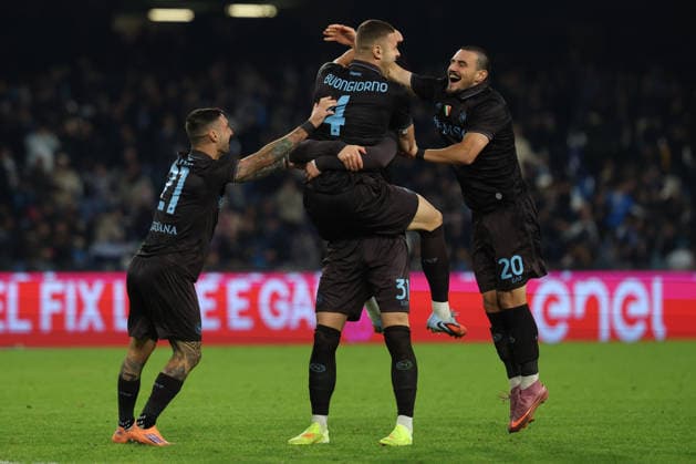 Napoli™s Alessandro Buongiorno celebrates after scoring during the round of 16 Frecciarossa Italian Cup 2025 2026 soccer match between Napoli and Cagliari at Maradona Stadium in Naples, south Italy - December 3, 2025. - Soccer  Copyright: xAlessandroxGarofalo LaPressex