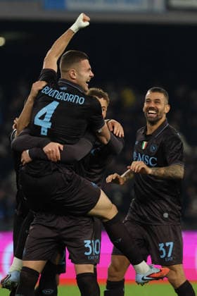 Napoli™s Alessandro Buongiorno celebrates after scoring during the round of 16 Frecciarossa Italian Cup 2025 2026 soccer match between Napoli and Cagliari at Maradona Stadium in Naples, south Italy - December 3, 2025. - Soccer  Copyright: xAlessandroxGarofalo LaPressex