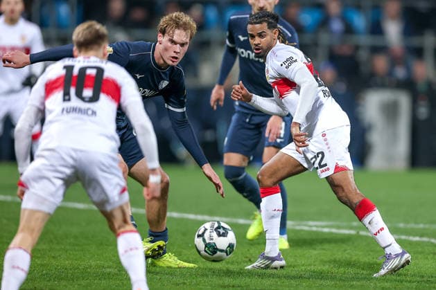 03 12 2025, Football, DFB Cup, VfL Bochum VfB Stuttgart, Round of 16, Vonovia Ruhrstadion, Season 2025 2026 Mats Pannewig VfL Bochum 24 in duel against Lorenz Assignon VfB Stuttgart 22 DFB regulations prohibit any use of photographs as image sequences and or quasi video North Rhine-Westphalia Germany