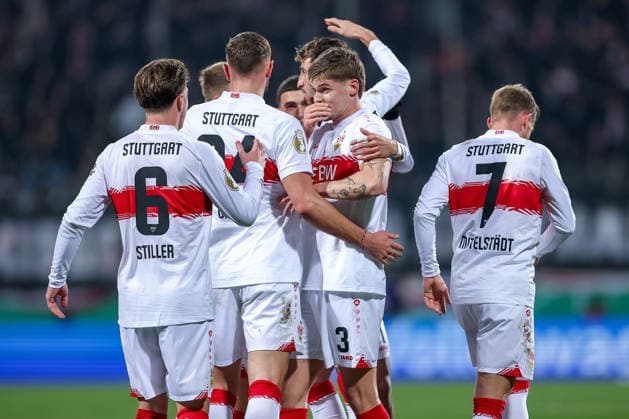 03 12 2025, Football, DFB Cup, VfL Bochum VfB Stuttgart, Round of 16, Vonovia Ruhrstadion, Season 2025 2026 Goal celebration Stuttgart after the own goal to 1 0 by Philipp Strompf VfL Bochum 03 Angelo Stiller VfB Stuttgart 06 Jamie Leweling VfB Stuttgart 18 Maximilian Mittelstädt VfB Stuttgart 07 cheering DFB regulations prohibit any use of photographs as image sequences and or quasi video North Rhine-Westphalia Germany