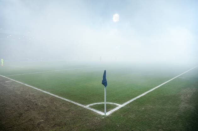 03 12 2025, Football, DFB Cup, VfL Bochum VfB Stuttgart, Round of 16, Vonovia Ruhrstadion, Season 2025 2026 Ultras fans in the visitors block cause the game to be interrupted by the use of pyrotechnics in the visitors block Dense smoke and fog drifts onto the pitch Choreography Choreo Choreography DFB regulations prohibit any use of photographs as image sequences and or quasi video North Rhine-Westphalia Germany