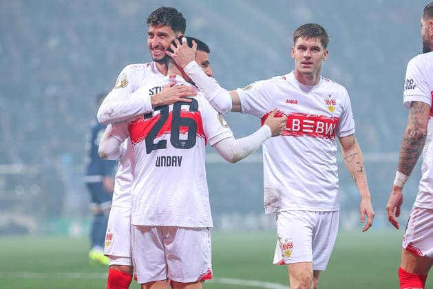 03 12 2025, Football, DFB Cup, VfL Bochum VfB Stuttgart, Round of 16, Vonovia Ruhrstadion, Season 2025 2026 Goal celebration after the goal to 2 0 by scorer Deniz Undav VfB Stuttgart 26 together with Atakan Karazor VfB Stuttgart 16 DFB regulations prohibit any use of photographs as image sequences and or quasi video Nordrhein Westfalen Germany