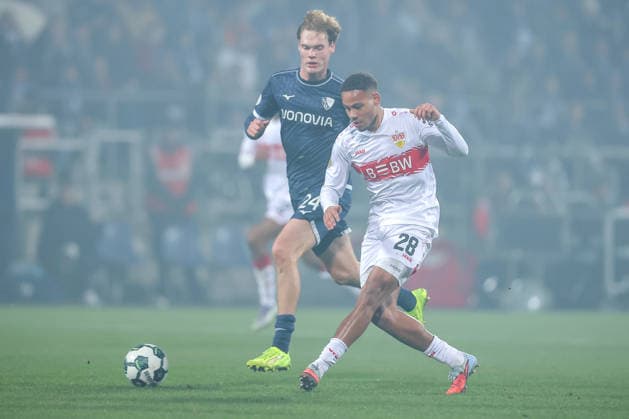 03 12 2025, Football, DFB Cup, VfL Bochum VfB Stuttgart, Round of 16, Vonovia Ruhrstadion, Season 2025 2026 Nikolas Nartey VfB Stuttgart 28 DFB regulations prohibit any use of photographs as image sequences and or quasi video Nordrhein Westfalen Germany