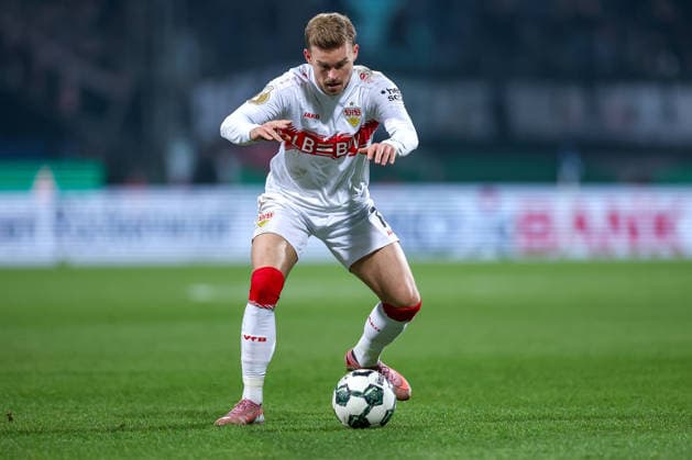 03 12 2025, Football, DFB Cup, VfL Bochum VfB Stuttgart, Round of 16, Vonovia Ruhrstadion, Season 2025 2026 Maximilian Mittelstädt VfB Stuttgart 07 DFB regulations prohibit any use of photographs as image sequences and or quasi video North Rhine-Westphalia Germany