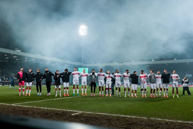03 12 2025, Football, DFB Cup, Season 2025 2026, VfL Bochum VfB Stuttgart, The players of VfB Stuttgart celebrate the victory and celebrate with the fans the entry into the next round of the DFB Cup, Bochum Vonovia Ruhrstadion NRW Germany xRHR PHOTO DEx Copyright: DennisxEwert RHR-FOTOx RHR-FOTO DE