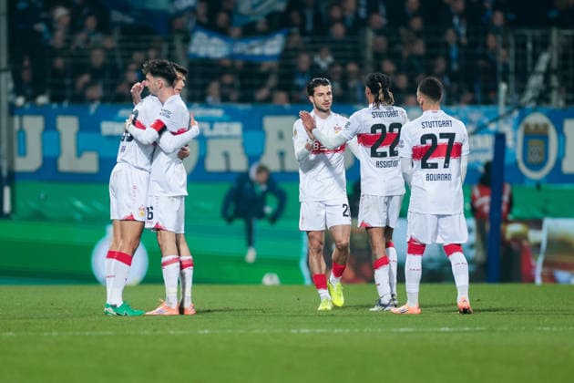03 12 2025, Football, DFB Cup, Season 2025 2026, VfL Bochum VfB Stuttgart, The players of VfB Stuttgart celebrate the victory and are happy, Bochum Vonovia Ruhrstadion NRW Germany xRHR PHOTO DEx Copyright: DennisxEwert RHR-FOTOx RHR-FOTO DE