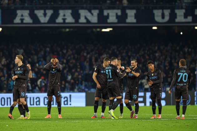 Naple™s celebrates during the round of 16 Frecciarossa Italian Cup 2025 2026 soccer match between Napoli and Cagliari at Maradona Stadium in Naples, south Italy - December 3, 2025. - Soccer  Copyright: xAlessandroxGarofalo LaPressex