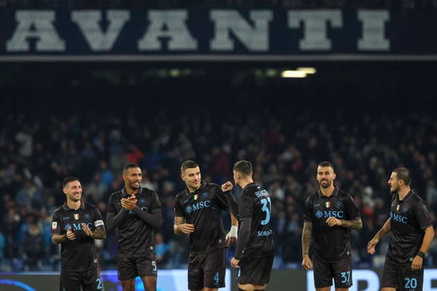 Naple™s celebrates during the round of 16 Frecciarossa Italian Cup 2025 2026 soccer match between Napoli and Cagliari at Maradona Stadium in Naples, south Italy - December 3, 2025. - Soccer  Copyright: xAlessandroxGarofalo LaPressex