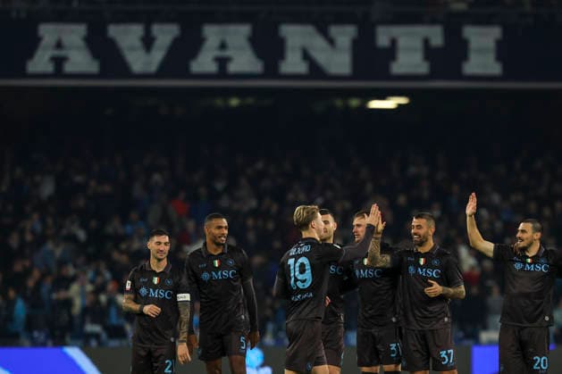 Naple™s celebrates during the round of 16 Frecciarossa Italian Cup 2025 2026 soccer match between Napoli and Cagliari at Maradona Stadium in Naples, south Italy - December 3, 2025. - Soccer  Copyright: xAlessandroxGarofalo LaPressex