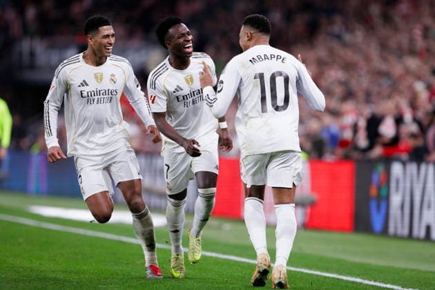 LA LIGA EA Sports -Athletic Club vs Real Madrid BILBAO, SPAIN - December 3:Kylian Mbappe of Real Madrid, Vinicius Jr of Real Madrid and Jude Bellingham of Real Madrid celebrates a goal during the La Liga 2025 26 match between Athletic Club and Real Madrid at San Mames Stadium. (Photo by Guille Martinez f22photo) Bilbao San Mames Stadium Spain Copyright: xGuillermoxMartinezx