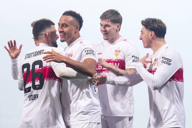 BOCHUM, GERMANY - DECEMBER 3: Deniz Undav of VfB Stuttgart, Jamie Leweling of VfB Stuttgart, Ramon Hendriks of VfB Stuttgart and Angelo Stiller of VfB Stuttgart celebrate their team s second goal during the DFB Cup round of 16 match between VfL Bochum and VfB Stuttgart at Vonovia Ruhrstadion on December 3, 2025 in Bochum, Germany. (Photo by Rene Nijhuis) SPO  Copyright: xRenexNijhuis