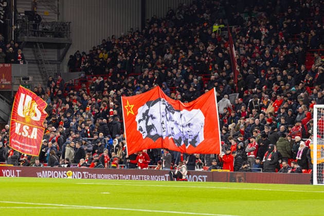 Football - FA Premier League - Liverpool FC v Sunderland AFC LIVERPOOL, ENGLAND - Wednesday, December 3, 2025: Liverpool s supporters banner with all the managers, past and present, who have won either and the FA Premier League or the European Cup before the FA Premier League match between Liverpool FC and Sunderland AFC at Anfield. (Photo by David Rawcliffe Propaganda) LIVERPOOL Anfield MERSEYSIDE ENGLAND  Copyright: xDavidxRawcliffex P2025-12-03-Liverpool_Sunderland-28