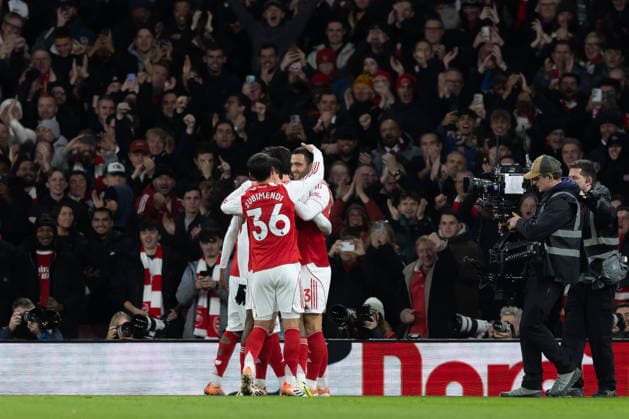 Arsenal v Brentford, Premier League, Football, The Emirates Stadium, London, UK - 03 Dec 2025 Goal. Mikel Merino of Arsenal FC celebrates with teammates after he scores the first goal of the game London The Emirates Stadium Highbury GBR, UK NEWSPAPERS OUT Copyright: xEllixBirchx