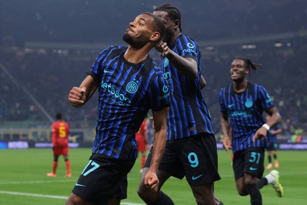 Milan, Italy, 3rd December 2025. Andy Diouf of FC Internazionale celebrates with team mates after scoring to give the hosts a 1-0 lead during the Internazionale vs Venezia Coppa Italia match at Giuseppe Meazza, Milan. Picture credit should read: Jonathan Moscrop Sportimage EDITORIAL USE ONLY. No use with unauthorised audio, video, data, fixture lists, club league logos or live services. Online in-match use limited to 120 images, no video emulation. No use in betting, games or single club league player publications. SPI_014_JM_INTER_VENEZIA_CI SPI-4321-0014