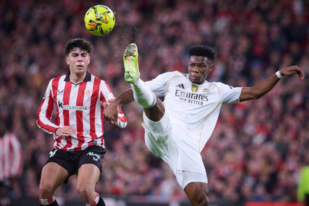 Athletic de Bilbao™s Alejandro Rego (L) and Real Madrid™s Aurelien Tchouameni during La Liga match. December 03 ,2025. (20251203030)