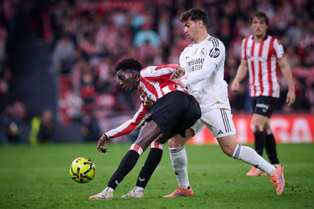 Athletic de Bilbao™s Adama Boiro (L) and Real Madrid™s Brahim Diaz during La Liga match. December 03 ,2025. (20251203098)