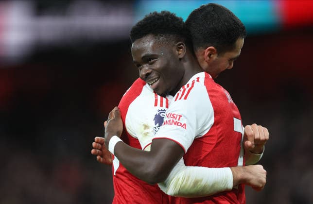 Arsenal v Brentford - Premier League Bukayo Saka and Mikel Merino of Arsenal celebrate after winning the Premier League match between Arsenal and Brentford at Emirates Stadium on December 3, 2025 in London, England. London Emirates Stadium England United Kingdom Copyright: xNigelxFrench Sportsphoto APLx 14143789
