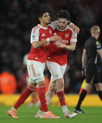 Football - 2025 2026 Premier League - Arsenal vs Brentford - Emirates Stadium - Wednesday 3rd December 2025 Piero Hincapie and Declan Rice - Arsenal celebrate at the final whistle 