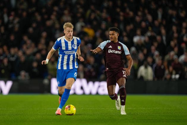Brighton and Hove Albion v Aston Villa Premier League 03 12 2025. Brighton & Hove Albion manager defender Jan Paul van Hecke (6) and Aston Villa forward Ollie Watkins (11) during the Premier League match between Brighton and Hove Albion and Aston Villa at the American Express Stadium, Brighton and Hove, England on 3 December 2025. Brighton and Hove American Express Stadium East Sussex England Editorial use only DataCo restrictions apply See www.football-dataco.com , Copyright: xStephenxFlynnx PSI-23328-0090