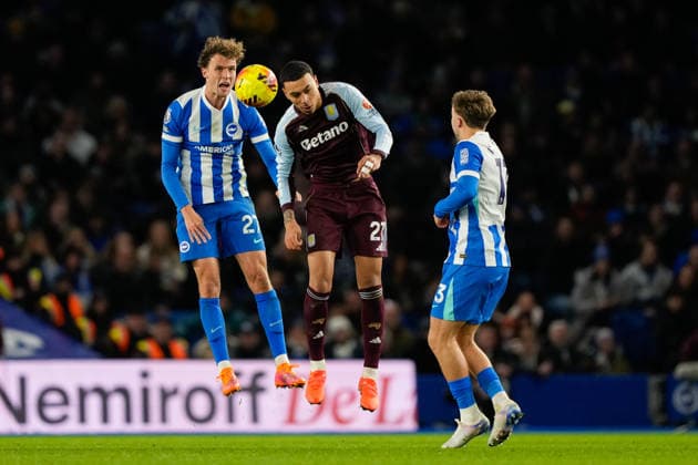 Brighton and Hove Albion v Aston Villa Premier League 03 12 2025. Brighton & Hove Albion manager midfielder Mats Wieffer (27) and Aston Villa midfielder Morgan Rogers (27) in an aerial dual during the Premier League match between Brighton and Hove Albion and Aston Villa at the American Express Stadium, Brighton and Hove, England on 3 December 2025. Brighton and Hove American Express Stadium East Sussex England Editorial use only DataCo restrictions apply See www.football-dataco.com , Copyright: xStephenxFlynnx PSI-23328-0093