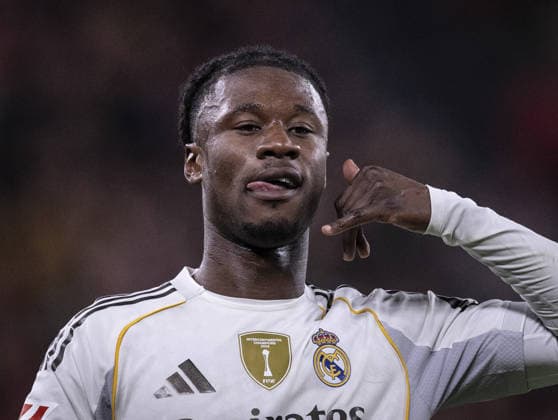 Eduardo Camavinga of Real Madrid celebrates after scoring the team s second goal during the La Liga match between Athletic Club and Real Madrid at the San Mames stadium, in Bilbao, Spain. Photo by Ricardo Nogueira Sports Press Photo Copyright: xRicardoxNogueira SportsxPressxPhx Sportspressphoto_SPR69574