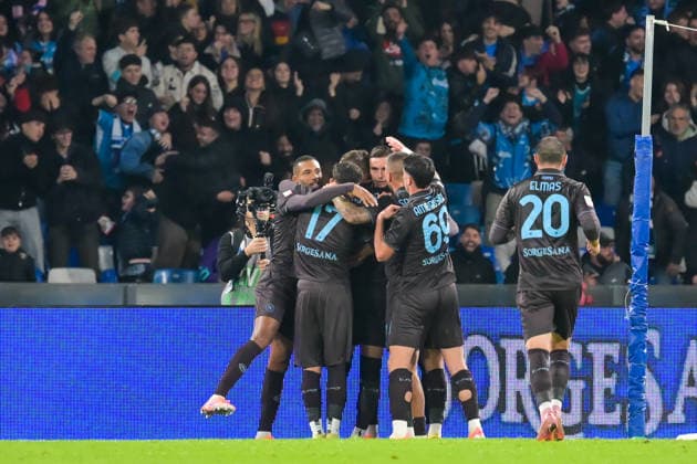 2025-12-03 SSC Napoli v Cagliari Calcio - Coppa Italia NAPLES, ITALY - DECEMBER 3: Players of Napoli celebrating a goal during the Coppa Italia match between SSC Napoli and Cagliari Calcio at Stadio Diego Armando Maradona on December 3, 2025 in Naples, Italy. Naples Stadio Diego Armando Maradona Italy Content not available for redistribution in The Netherlands directly or indirectly through any third parties. Copyright: xCiroxSantangelox