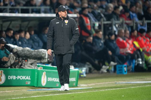 Coach Sebastian HOENESS, Hoeneß S watching the match Football, DFB Pokal, Round of 16, VfL Bochum BO VfB Stuttgart S 0 2 am 03 12 2025, Vonovia Ruhrstadion Bochum Germany DFL regulations prohibit any use of photographs as image sequences and or quasi video Â